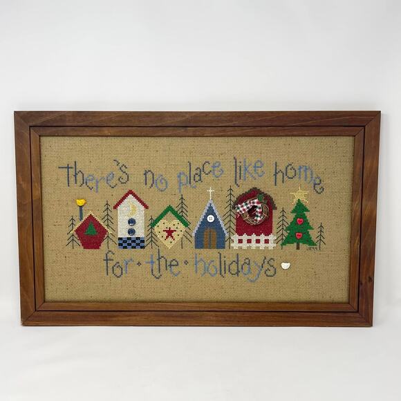 Framed Handmade Cross Stitch Home for the Holidays Tan w/Blue Red Green Yellow‎ - Picture 1 of 9